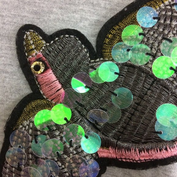 Kiki Women's Shirt Dress Gray Bird Sequin Appliqué Short Balloon Sleeves Medium - Picture 4 of 7